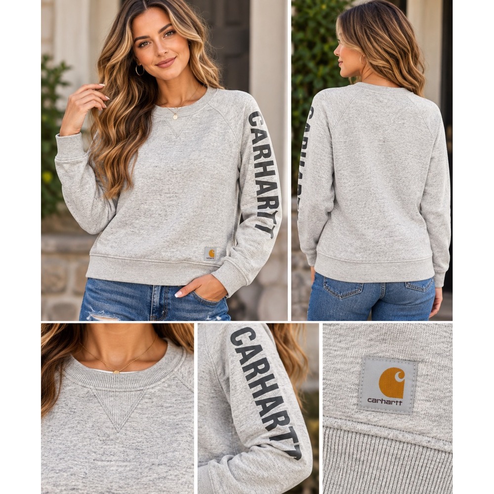 Carhartt Womens Relaxed Fit Sleeve Logo Sweatshirt Heather Grey M 104410 E07